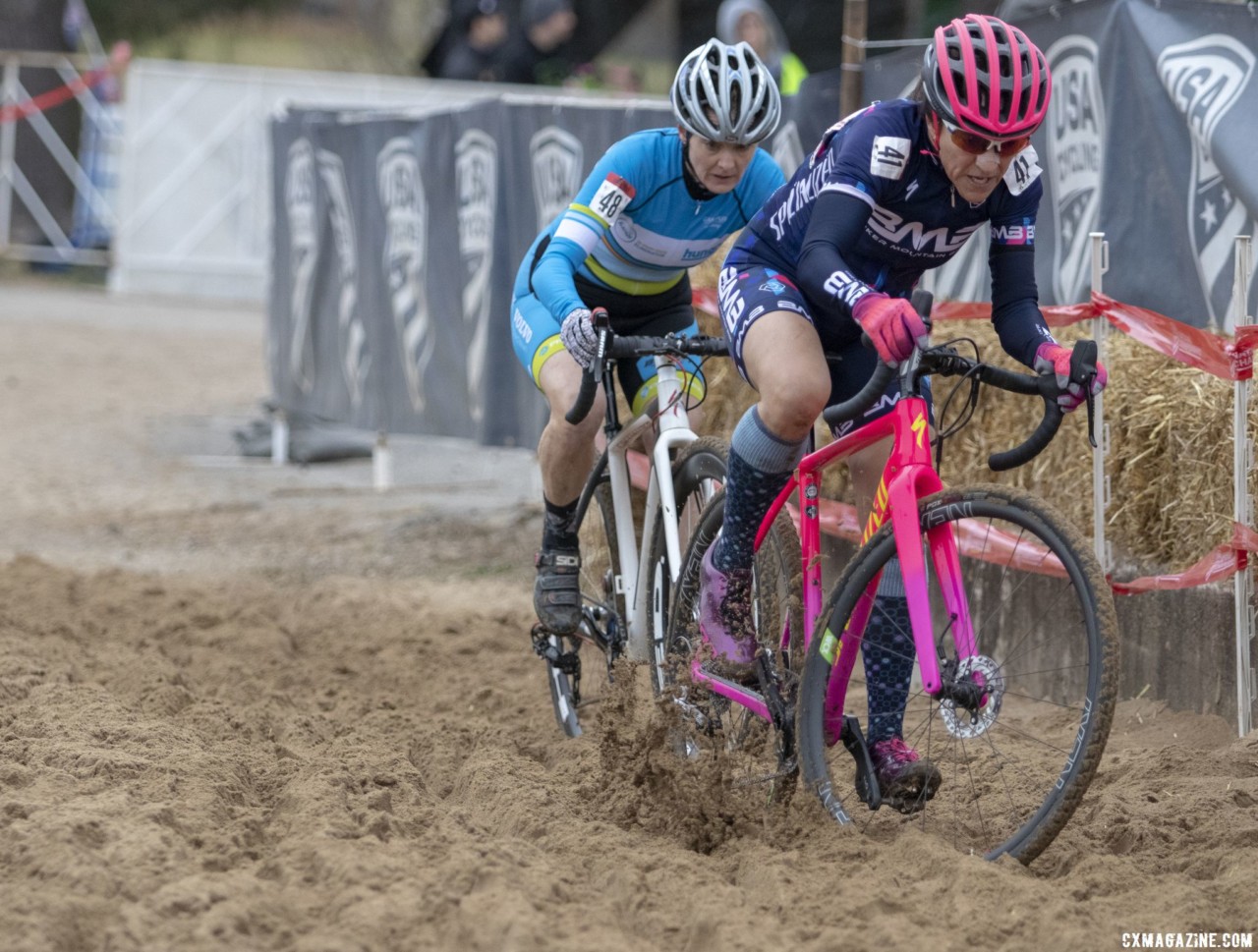 Susan McDonough and Gerry Schulze battle in the sand. Masters Women 55-59. 2018 Cyclocross National Championships, Louisville, KY. © A. Yee / Cyclocross Magazine