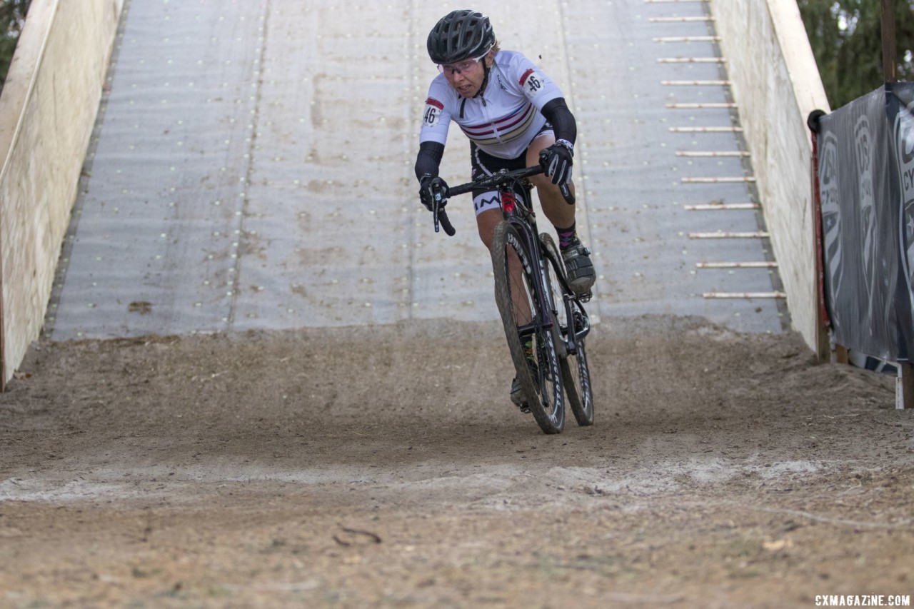 Laura Van Gilder drops off the flyover. Masters Women 55-59. 2018 Cyclocross National Championships, Louisville, KY. © A. Yee / Cyclocross Magazine