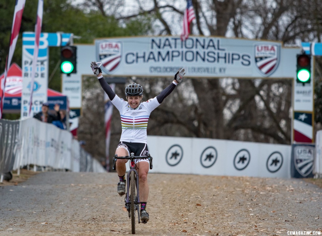 Laura Van Gilder celebrates her win. Masters Women 55-59. 2018 Cyclocross National Championships, Louisville, KY. © A. Yee / Cyclocross Magazine