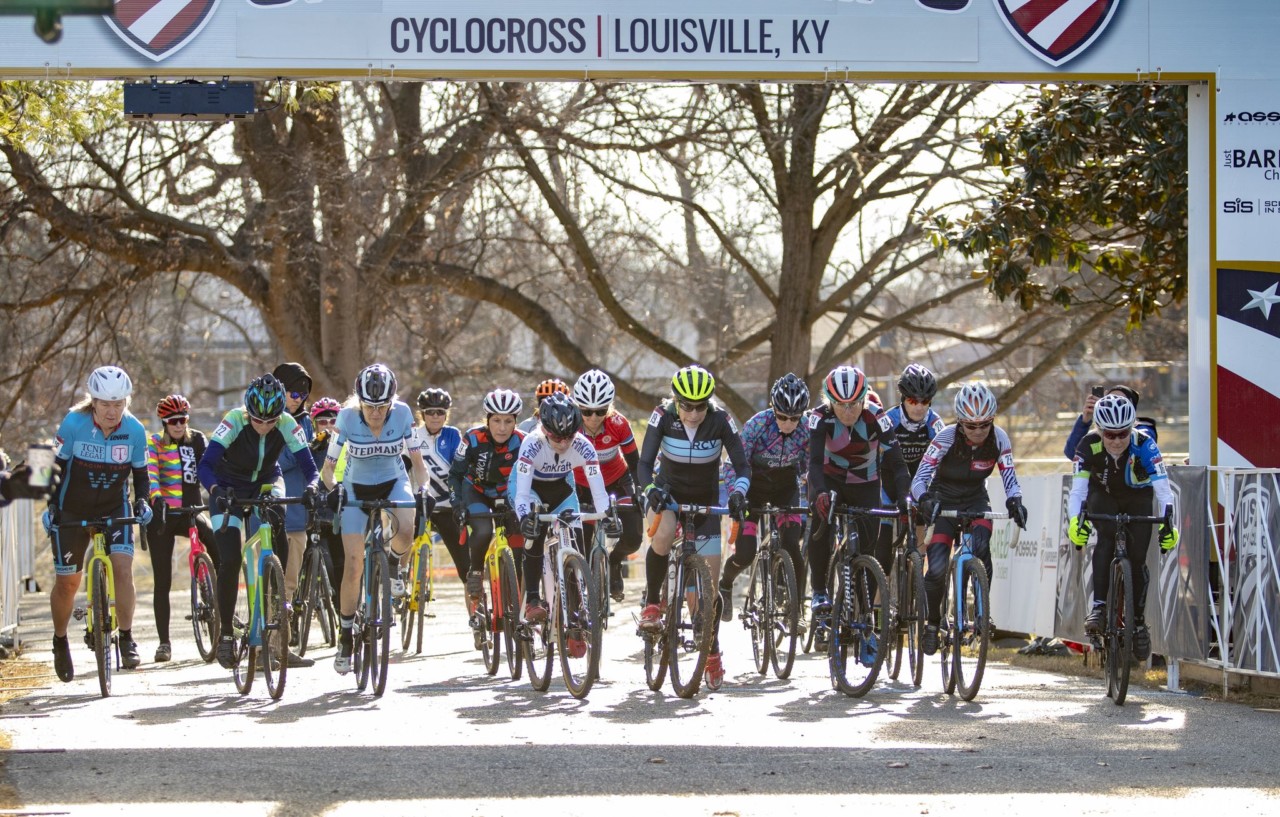 Masters Women 60-64 holeshot. Masters Women 60-64, 65-69, 70-74, 75+. 2018 Cyclocross National Championships, Louisville, KY. © A. Yee / Cyclocross Magazine