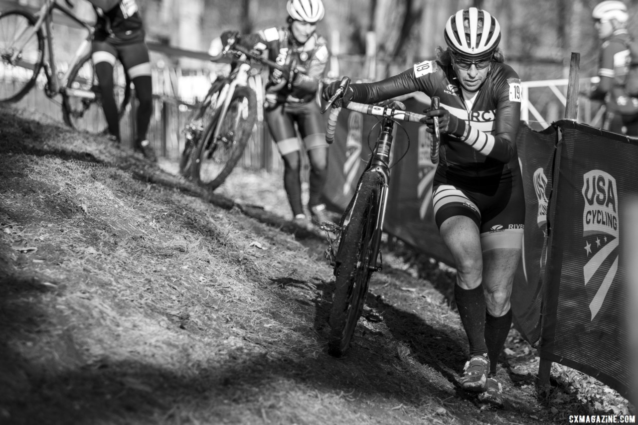 Linda Elgart finds some balance through the off-camber. Masters Women 60-64, 65-69, 70-74, 75+. 2018 Cyclocross National Championships, Louisville, KY. © A. Yee / Cyclocross Magazine