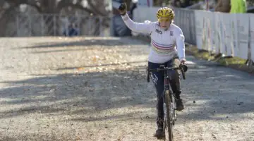 Julie Lockhart celebrates her win. Masters Women 60-64, 65-69, 70-74, 75+. 2018 Cyclocross National Championships, Louisville, KY. © A. Yee / Cyclocross Magazine