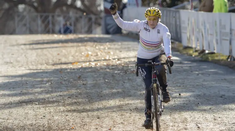 Julie Lockhart celebrates her win. Masters Women 60-64, 65-69, 70-74, 75+. 2018 Cyclocross National Championships, Louisville, KY. © A. Yee / Cyclocross Magazine