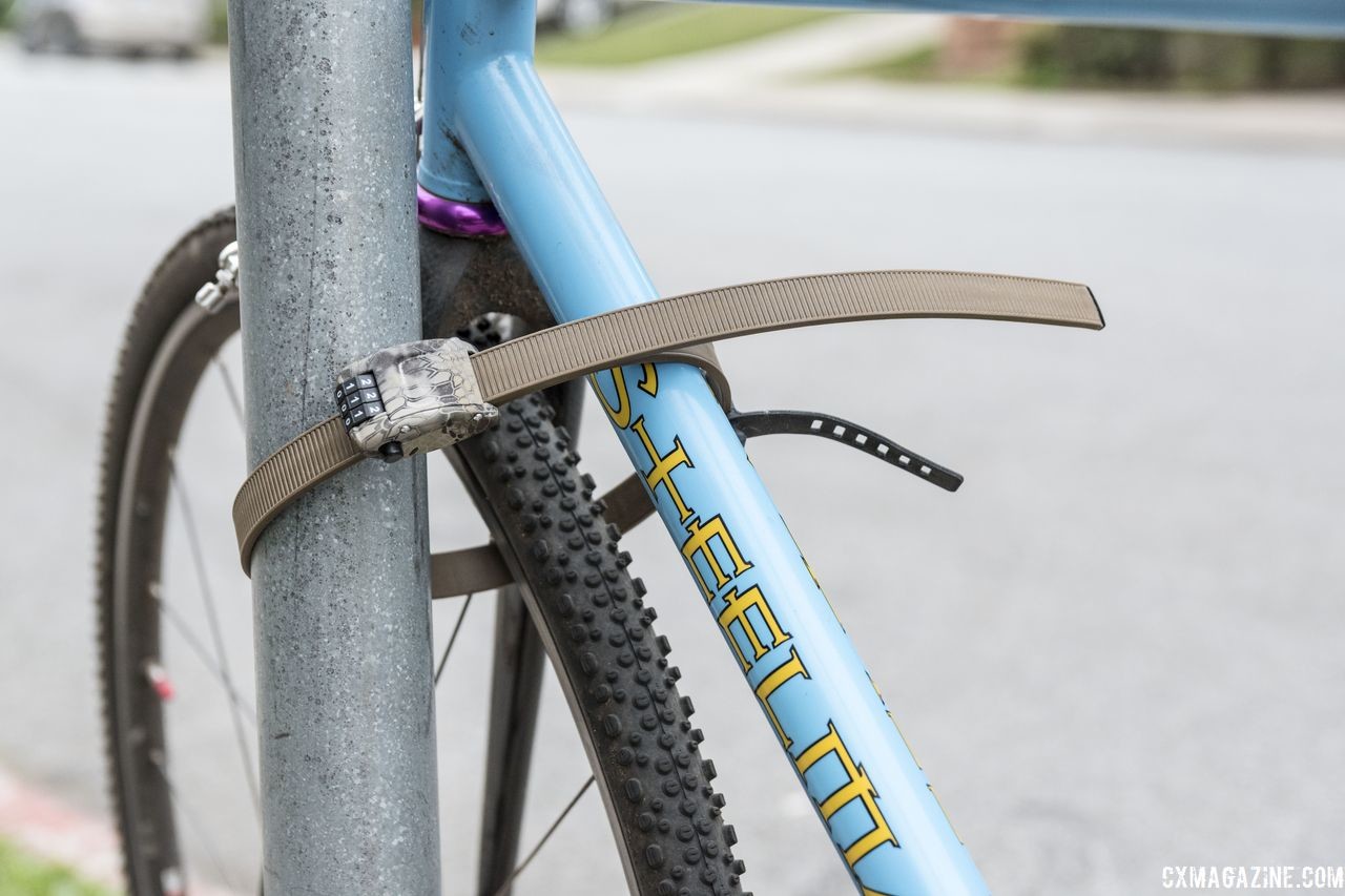 The OttoLock can be used to secure both the frame and front wheel. OttoLock bicycle lock. © C. Lee / Cyclocross Magazine