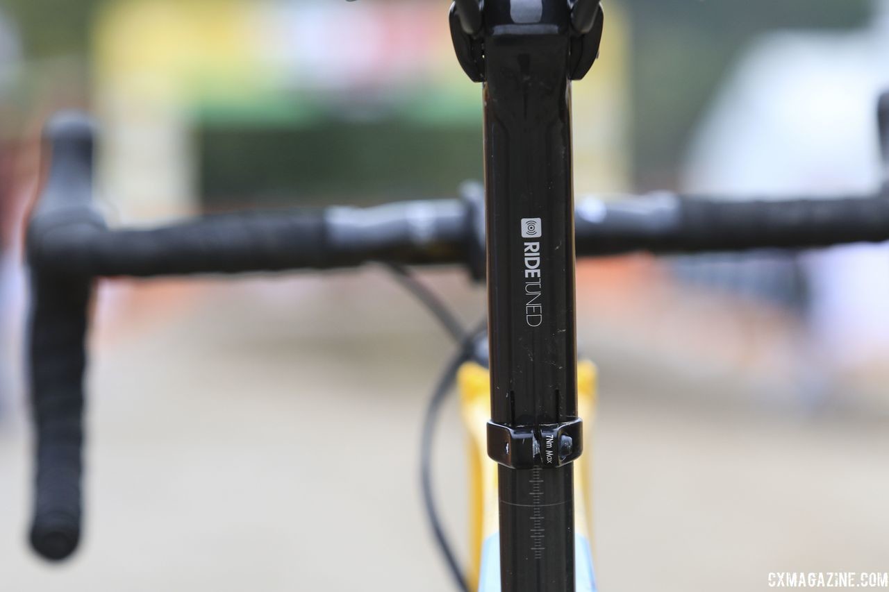 The Boone requires a special Bontrager seat mast cap to integrate with the rear IsoSpeed decoupler. Toon Aerts' 2018 Trek Boone Cyclocross Bike. © D. Mable / Cyclocross Magazine