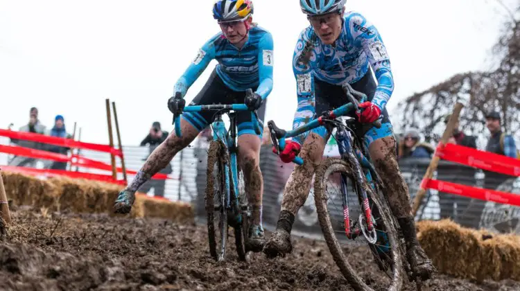 For the second straight year, Katie Compton used an aggressive downhill turn to get by Noble and ride to the National Championship, but in Louisville, it came on lap one. 2018 Cyclocross National Championships, Louisville, KY. © D. Smaic / Cyclocross Magazine