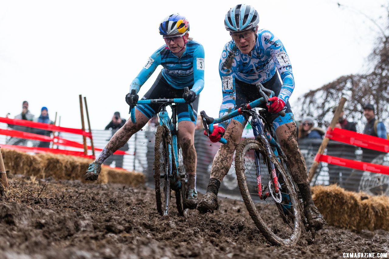 For the second straight year, Katie Compton used an aggressive downhill turn to get by Noble and ride to the National Championship, but in Louisville, it came on lap one. 2018 Cyclocross National Championships, Louisville, KY. © D. Smaic / Cyclocross Magazine