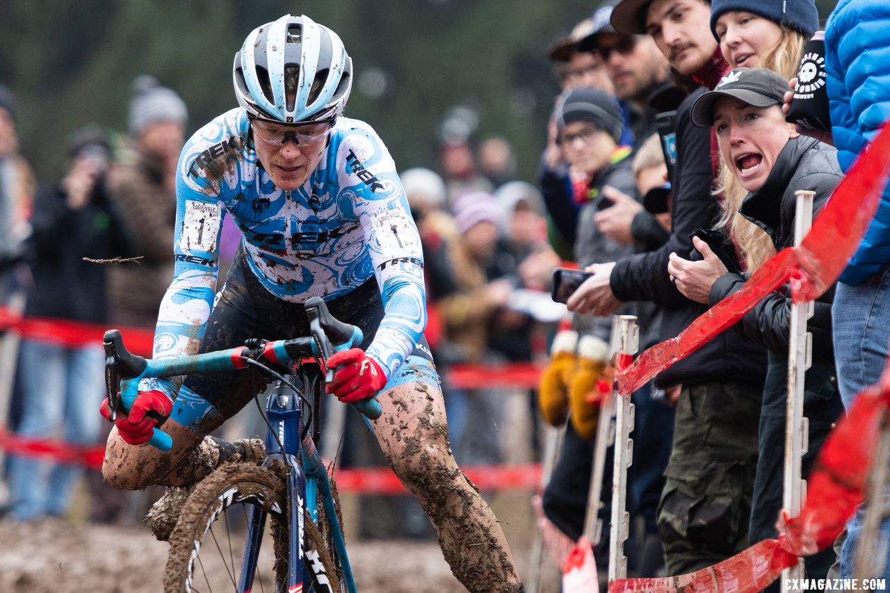 Compton kept her feet off the pedals on the slippery downhill, but put them on the gas on the pedaling sections. 2018 Cyclocross National Championships, Louisville, KY. © D. Smaic / Cyclocross Magazine