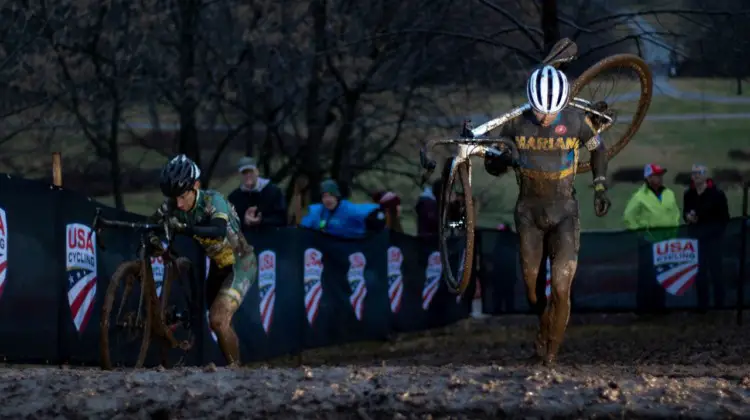 Caleb Swartz used his running legs to secure the Collegiate Varsity Men's victory. 2018 Cyclocross National Championships, Louisville, KY. © A. Yee / Cyclocross Magazine