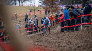 Katie Compton does her best to manage the long descent into the bowl. 2018 Louisville Cyclocross Nationals, Saturday and Sunday. © Drew Coleman