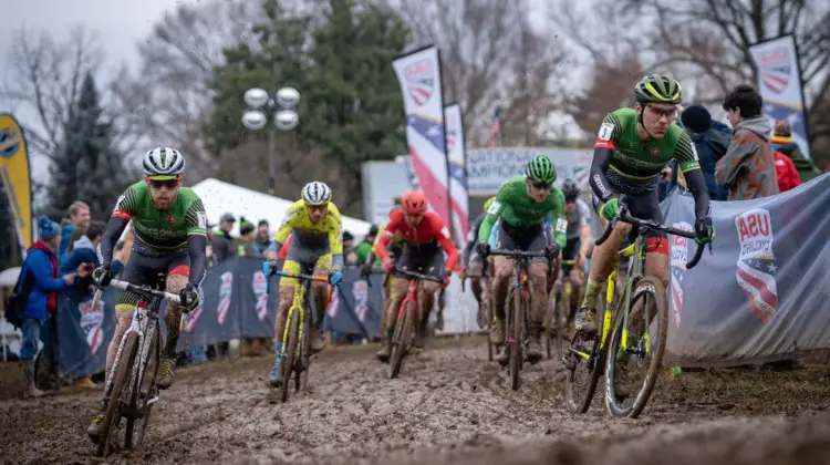 Curtis White and Stephen Hyde take different lines through the holeshot. 2018 Louisville Cyclocross Nationals, Saturday and Sunday. © Drew Coleman