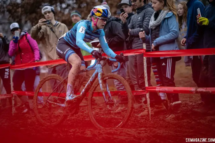 Ellen Noble rides the high line as fans look on. 2018 Louisville Cyclocross Nationals, Saturday and Sunday. © Drew Coleman