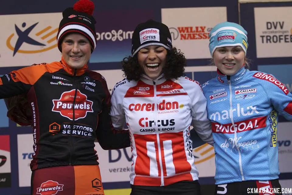 Elite Women's podium: Ceylin del Carmen Alvarado, Loes Sels and Laura Verdonschot. 2019 Brussels Universities Cyclocross. © B. Hazen / Cyclocross Magazine
