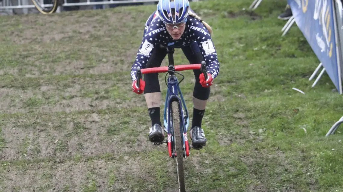 Katie Compton keeps her weight back on a roller descent. She finished the race in fourth. 2019 Brussels Universities Cyclocross. © B. Hazen / Cyclocross Magazine