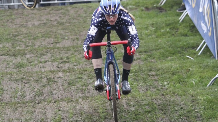 Katie Compton keeps her weight back on a roller descent. She finished the race in fourth. 2019 Brussels Universities Cyclocross. © B. Hazen / Cyclocross Magazine