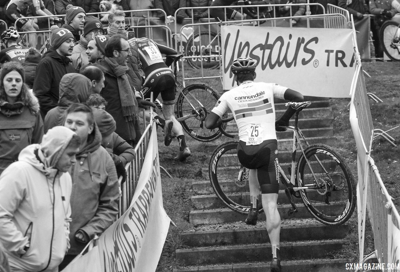 Curtis White makes his way up the stairs that go through the campus lawn. 2019 Brussels Universities Cyclocross. © B. Hazen / Cyclocross Magazine