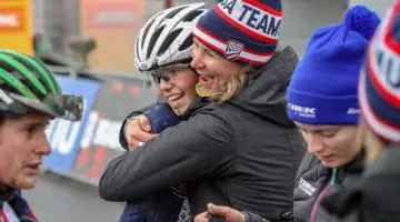 Meredith Miller celebrates Munro's ride. Elite Women. 2019 Hoogerheide World Cup, GP Adri van der Poel. © B. Hazen / Cyclocross Magazine