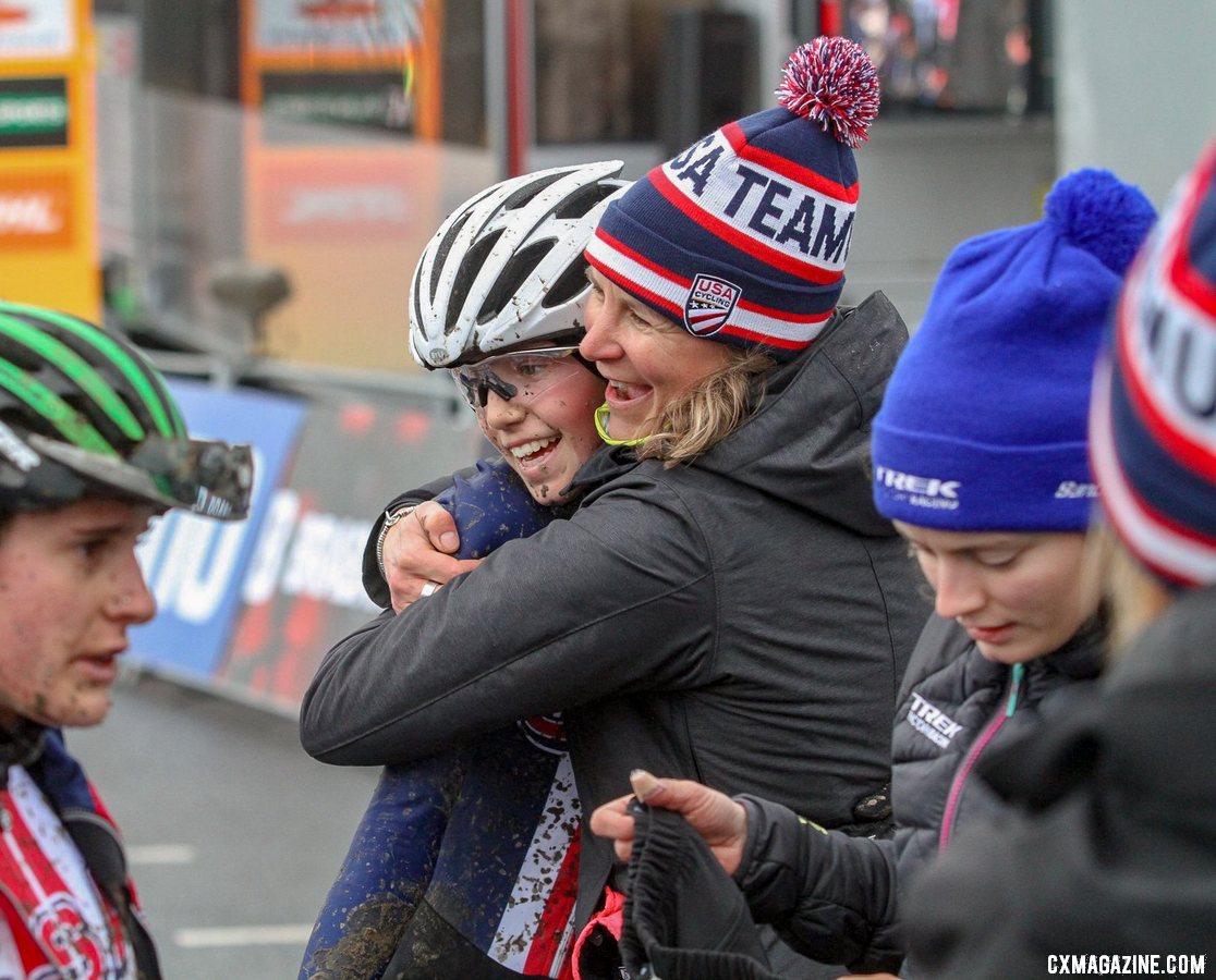 Meredith Miller celebrates Munro's ride. Elite Women. 2019 Hoogerheide World Cup, GP Adri van der Poel. © B. Hazen / Cyclocross Magazine