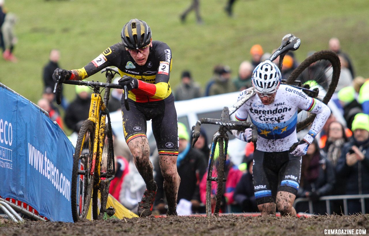 Toon Aerts started quickly in attempt to lock up the World Cup title, but it would come down to the last lap with Van Aert. Elite Men, 2019 Hoogerheide UCI Cyclocross World Cup. © B. Hazen / Cyclocross Magazine