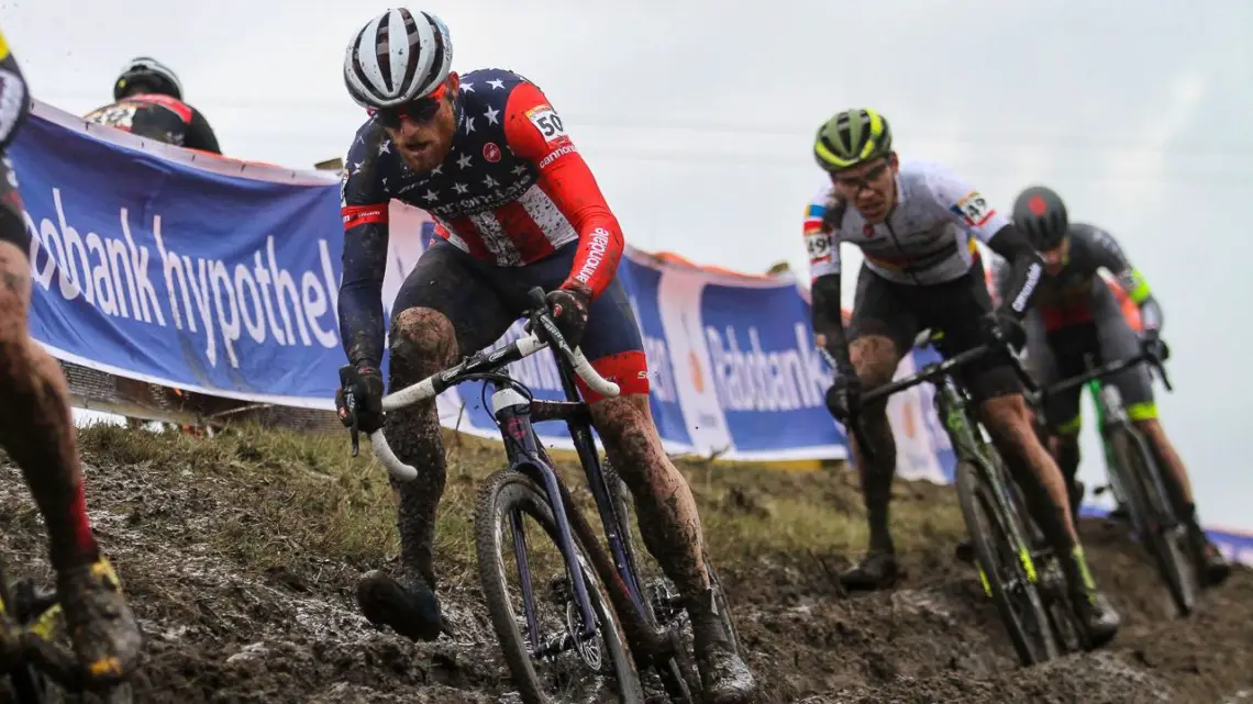 Hyde and White navigate the rutted off-cambers. Elite Men, 2019 Hoogerheide UCI Cyclocross World Cup. © B. Hazen / Cyclocross Magazine