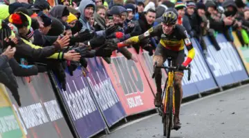 Toon Aerts celebrates his World Cup overall win after finishing second on the day. 2019 Hoogerheide UCI Cyclocross World Cup. © B. Hazen / Cyclocross Magazine