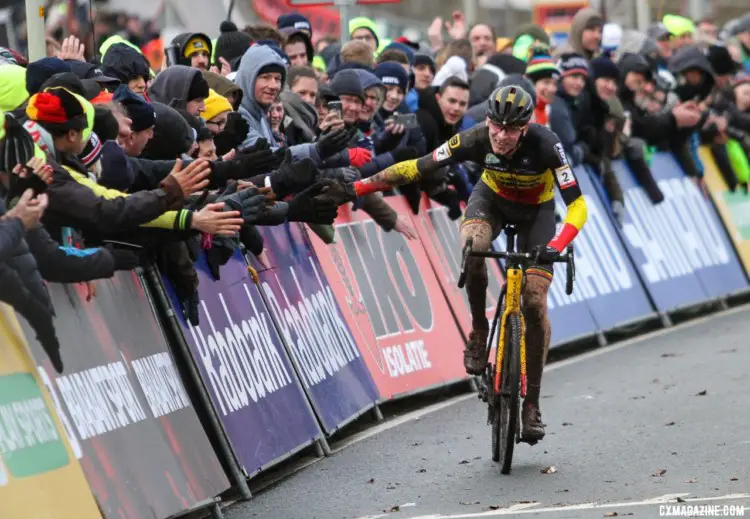 Toon Aerts celebrates his World Cup overall win after finishing second on the day. 2019 Hoogerheide UCI Cyclocross World Cup. © B. Hazen / Cyclocross Magazine