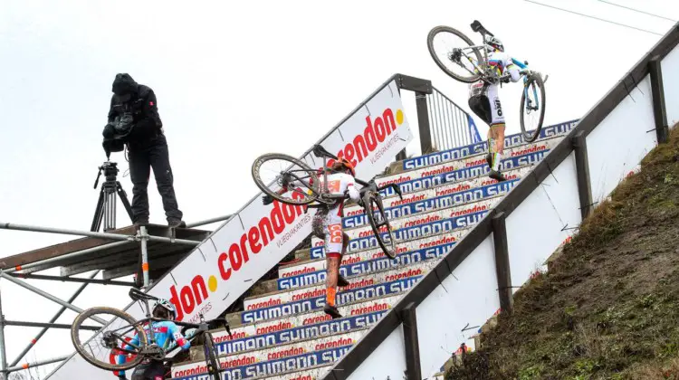 Cant leads the Dutch duo up the stairs. Elite Women. 2019 Hoogerheide World Cup, GP Adri van der Poel. © B. Hazen / Cyclocross Magazine