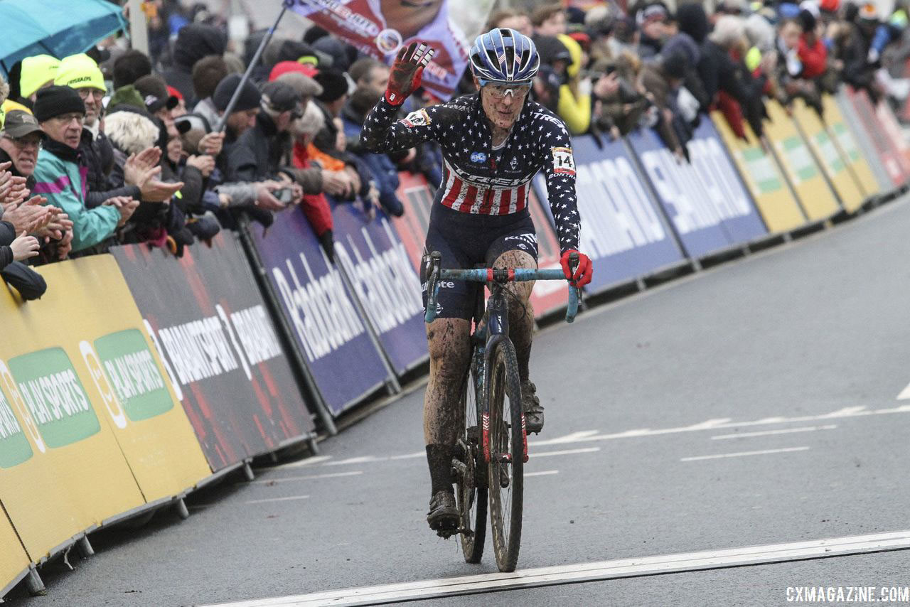 Katie Compton acknowledges the fans after her second-place finish. 2019 World Cup Hoogerheide. © B. Hazen / Cyclocross Magazine