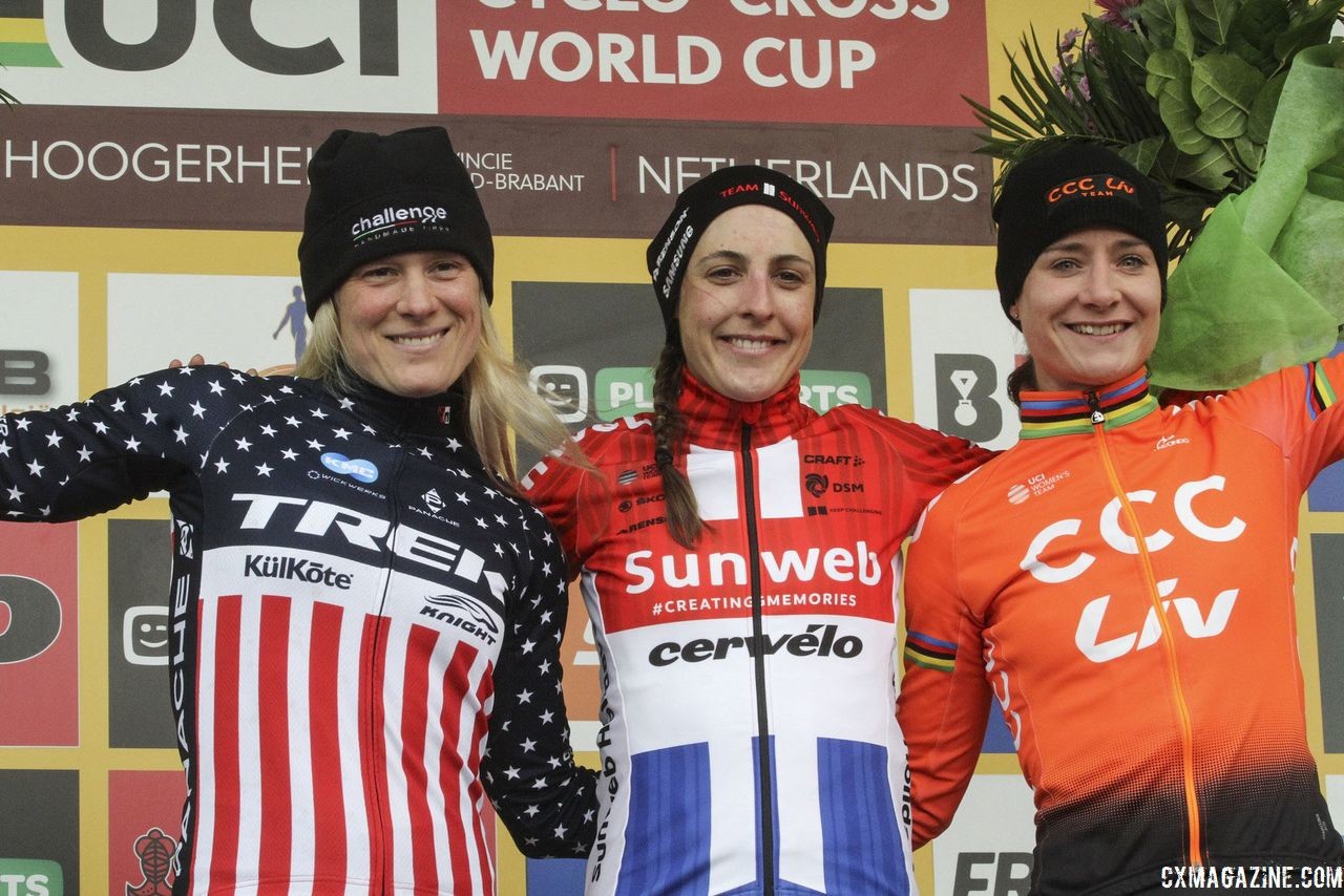 Elite Women's podium: Lucinda Brand, Katie Compton and Marianne Vos. 2019 World Cup Hoogerheide. © B. Hazen / Cyclocross Magazine