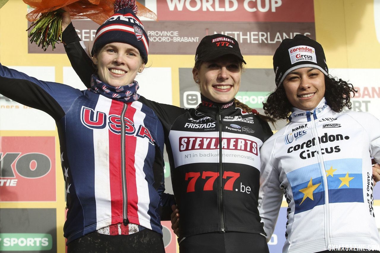 U23 Women's podium: Yara Kastelijn, Clara Honsinger and Ceylin del Carmen Alvarado. 2019 World Cup Hoogerheide. © B. Hazen / Cyclocross Magazine