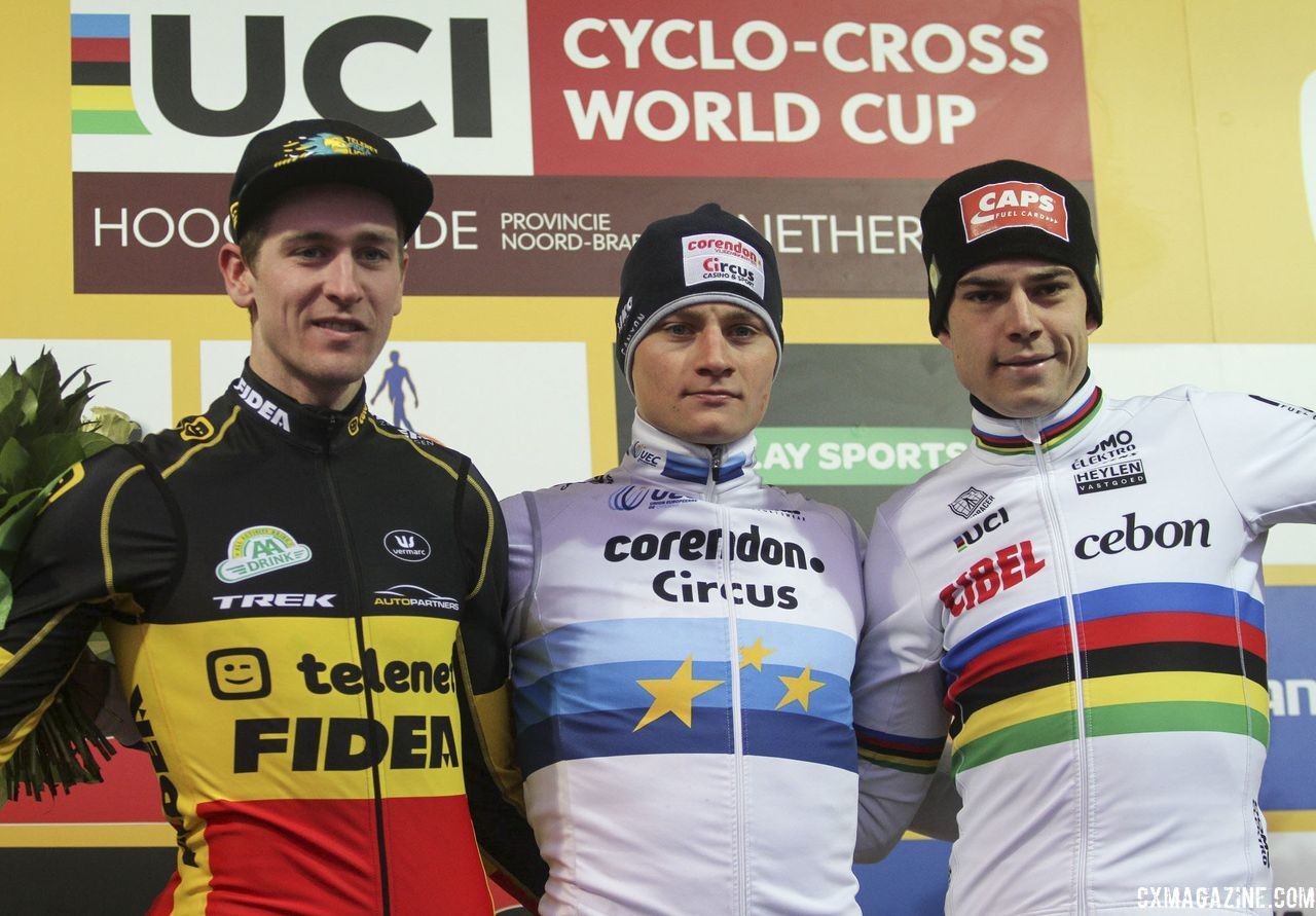 Elite Men's podium: Mathieu van der Poel, Toon Aerts and Wout van Aert. 2019 World Cup Hoogerheide. © B. Hazen / Cyclocross Magazine