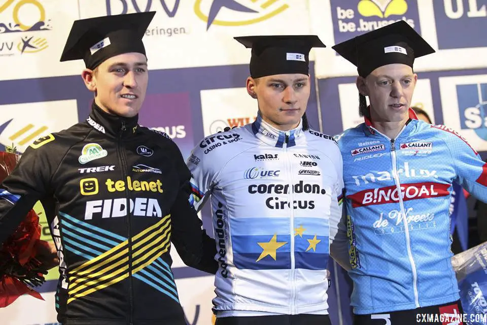 Elite Men's podium: Mathieu van der Poel, Toon Aerts and Michael Vanthourenhout. 2019 Brussels Universities Cyclocross. © B. Hazen / Cyclocross Magazine