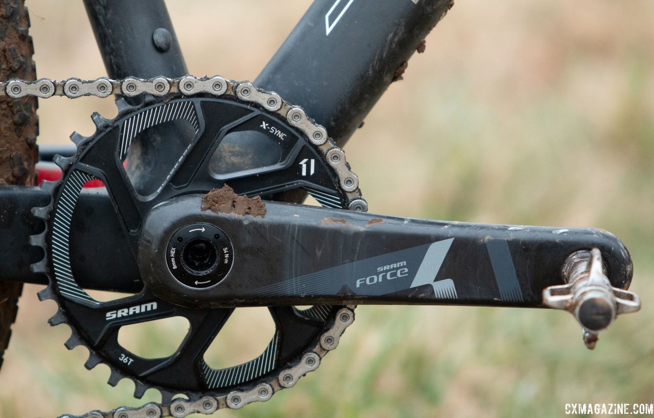 To run a 36t front chain ring with her SRAM Force 1 crankset, LaVesser had to use a SRAM X-Sync Direct Mount chain ring. Holly LaVesser's Masters 35-39 title-winning Van Dessel Full Tilt Boogie. 2018 Cyclocross National Championships, Louisville, KY. © A. Yee / Cyclocross Magazine