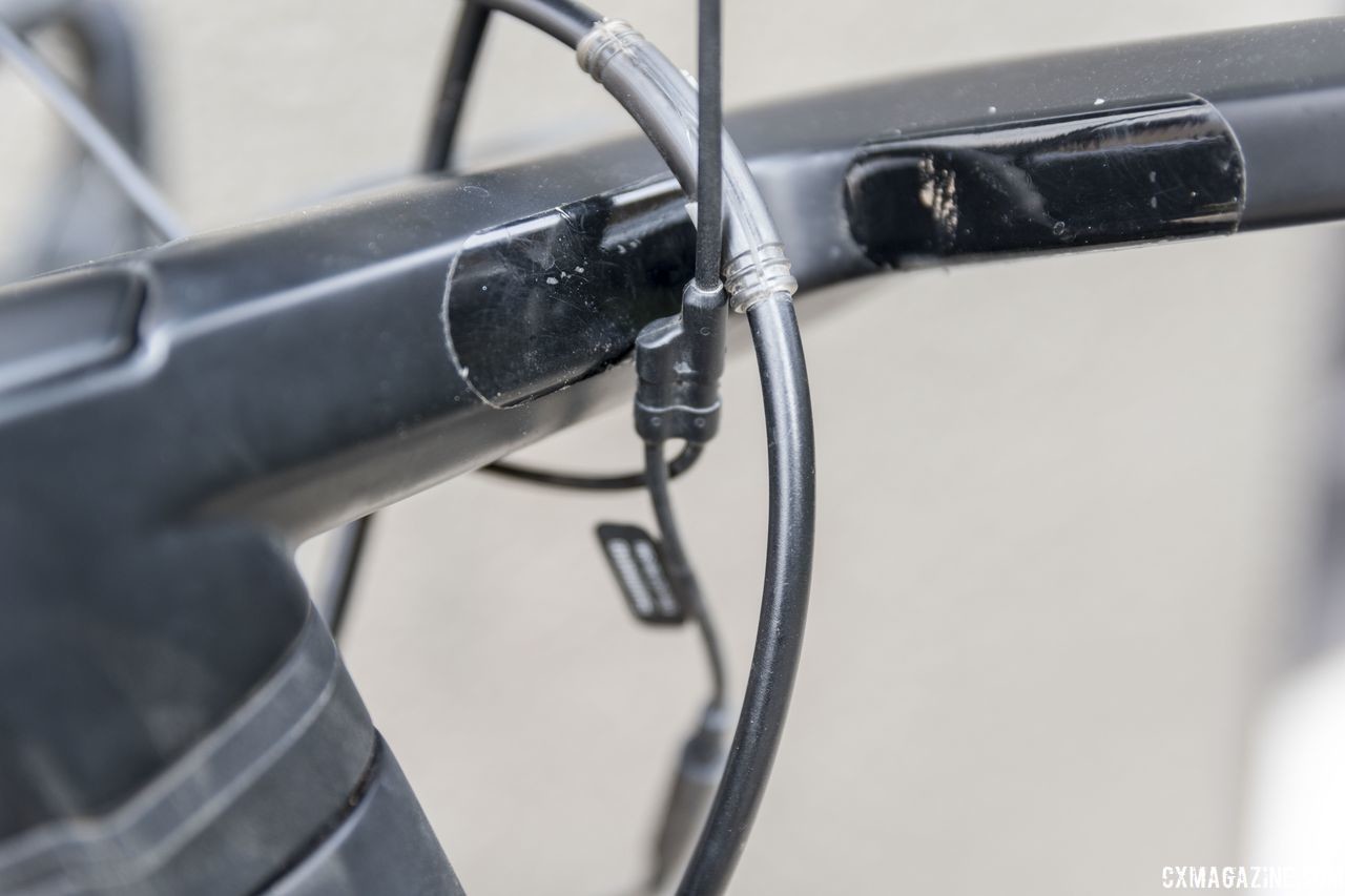The HB battery without external junction box necessatates this type of wire junction. Canyon Grail CF SLX 8.0 Gravel Bike. © C. Lee / Cyclocross Magazine
