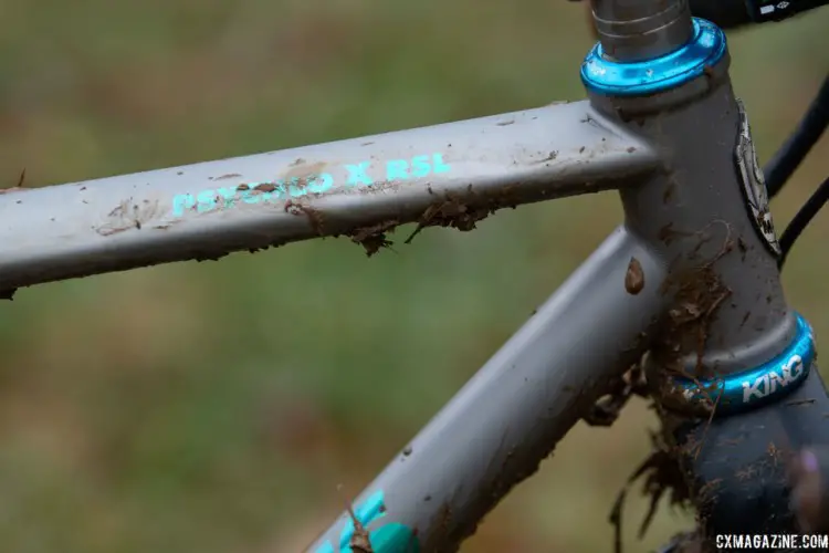 The frame is accented using anodization. Katie Clouse's Moots Psychlo X RSL. 2018 Cyclocross National Championships V2. Louisville, KY. © Cyclocross Magazine