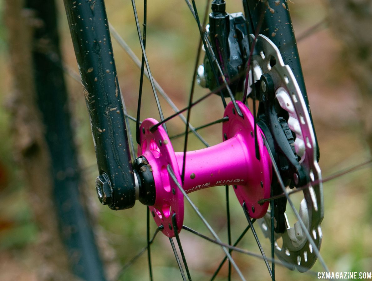 Clouse's wheels were built by Alpha Bicycle Company using Chris King R45 hubs and prototype carbon rims. Katie Clouse's Moots Psychlo X RSL. 2018 Cyclocross National Championships V2. Louisville, KY. © Cyclocross Magazine