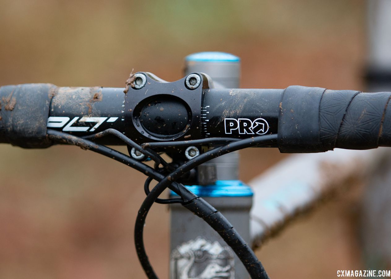 For her handlebar, Clouse used a alloy Pro PLT, which is a change from the Pro Vibe carbon model we frequently see riders use. Katie Clouse's Moots Psychlo X RSL. 2018 Cyclocross National Championships V2. Louisville, KY. © Cyclocross Magazine