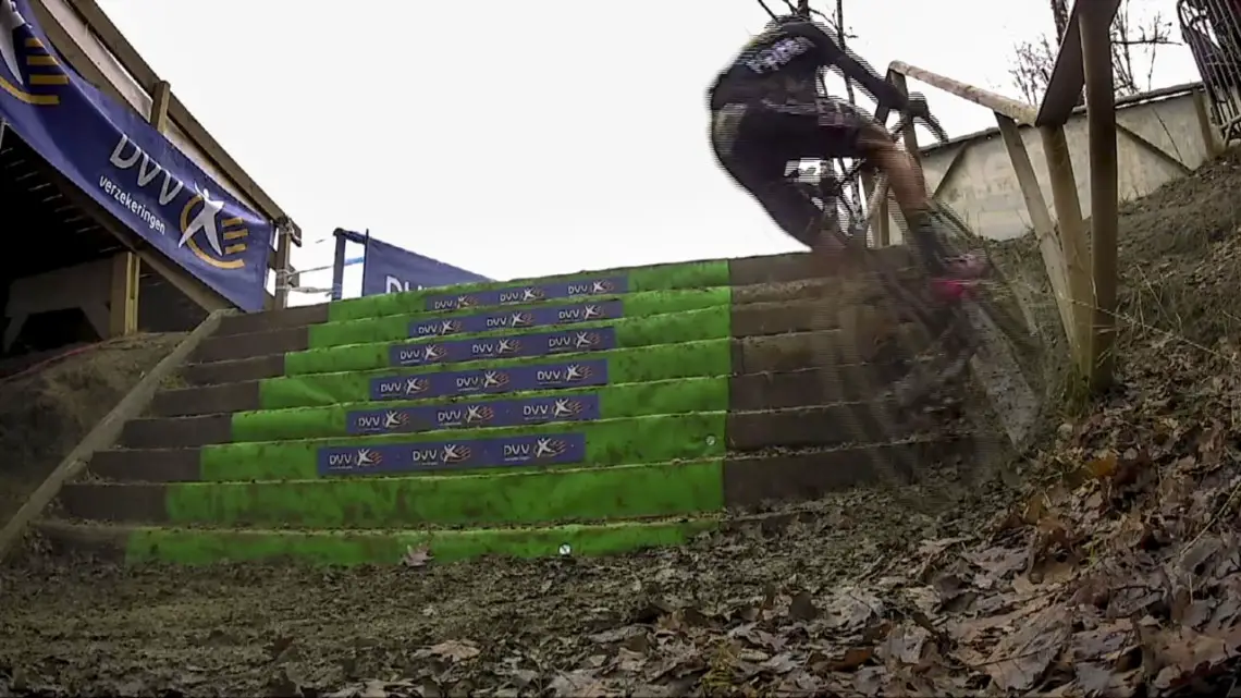 Thibau Nys rides the stairs. 2019 GP Sven Nys, Junior Men. DVV Verzekeringen Trofee. © Cyclocross Magazine