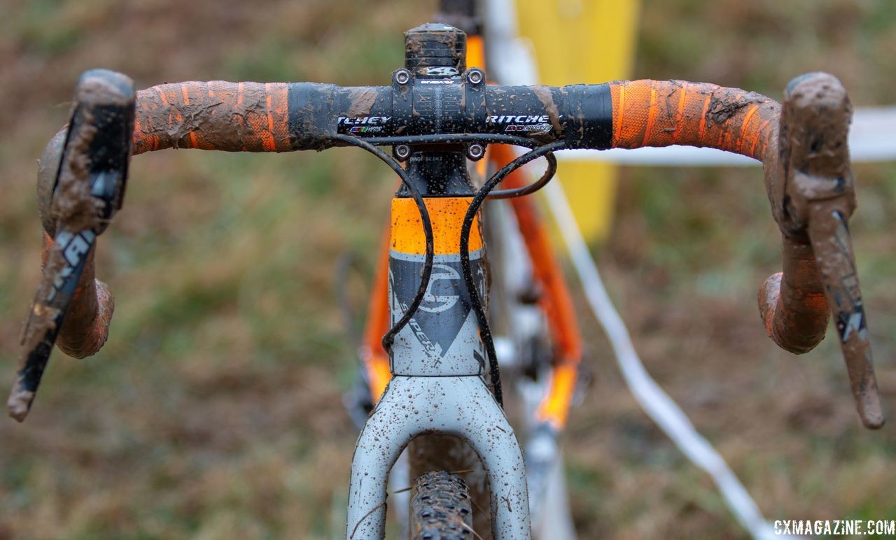 Frazier's bike was equipped with a Ritchey Evo Curve handlebar and Lizard Skins bar tape. George Frazier's Junior Men 11-12 winning bike. 2018 Cyclocross National Championships V2. Louisville, KY. © Cyclocross Magazine