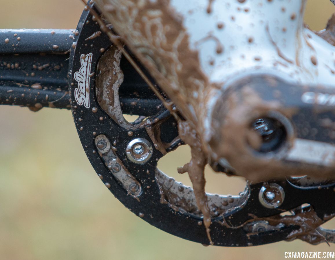 A Salsa chainring guard is mounted inboard to minimize the risk of chain drop. George Frazier's Junior Men 11-12 winning bike. 2018 Cyclocross National Championships V2. Louisville, KY. © Cyclocross Magazine