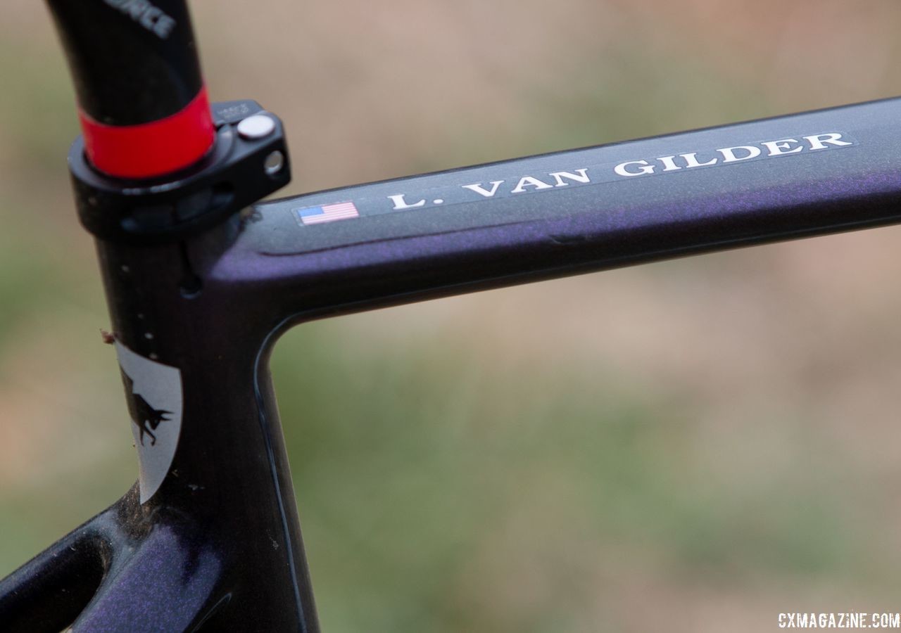 Common on bikes that are regularly packed for shipping, a tape mark for saddle height makes assembly easier. Laura Van Gilder's Van Dessel Full Tilt Boogie. 2018 Cyclocross National Championships, Louisville, KY. © A. Yee / Cyclocross Magazine