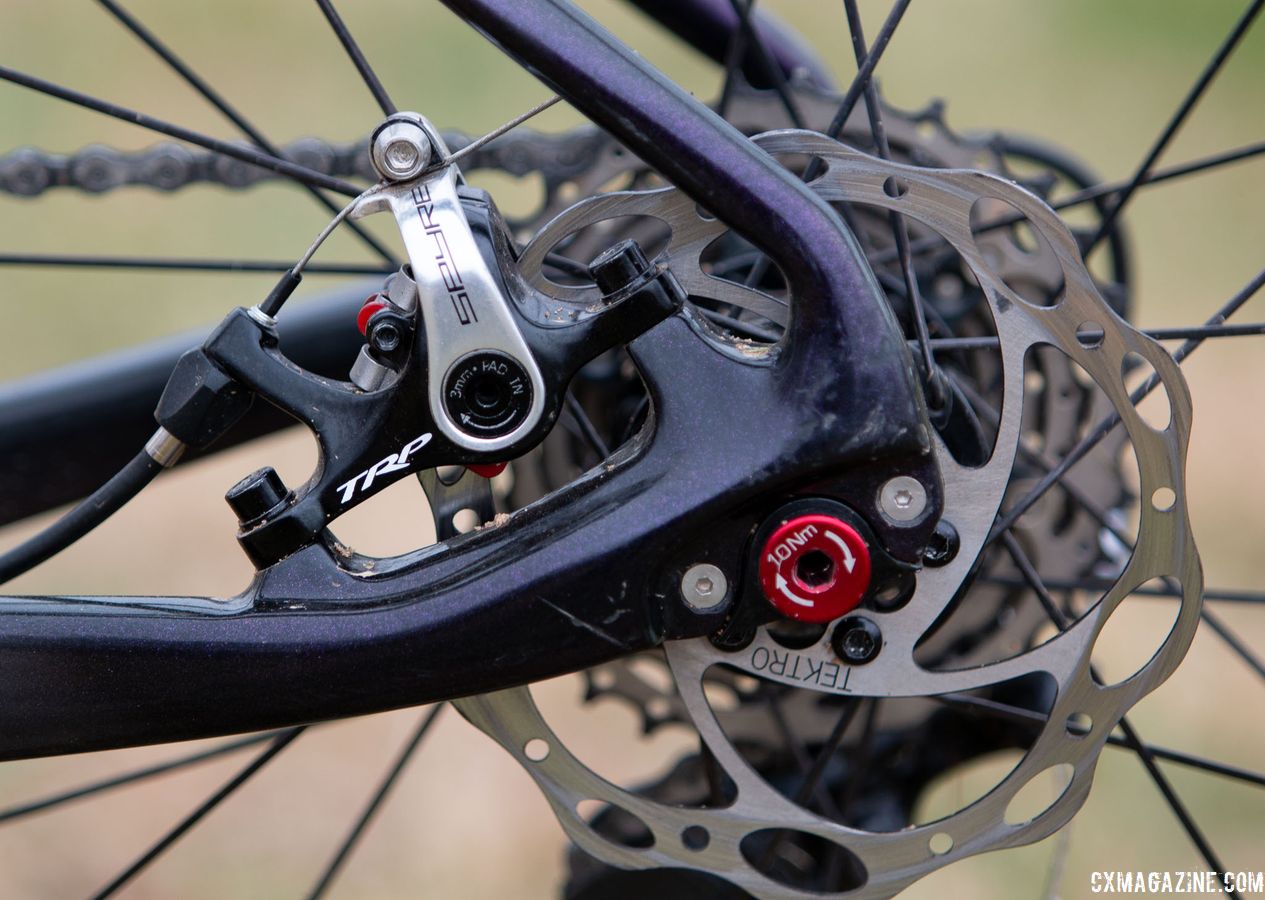 TRP's cable-actuated Spyre brakes are a rare sight in such a high-level race. Van Gilder proved it's not what you ride, it's how you ride. Laura Van Gilder's Van Dessel Full Tilt Boogie. 2018 Cyclocross National Championships, Louisville, KY. © A. Yee / Cyclocross Magazine