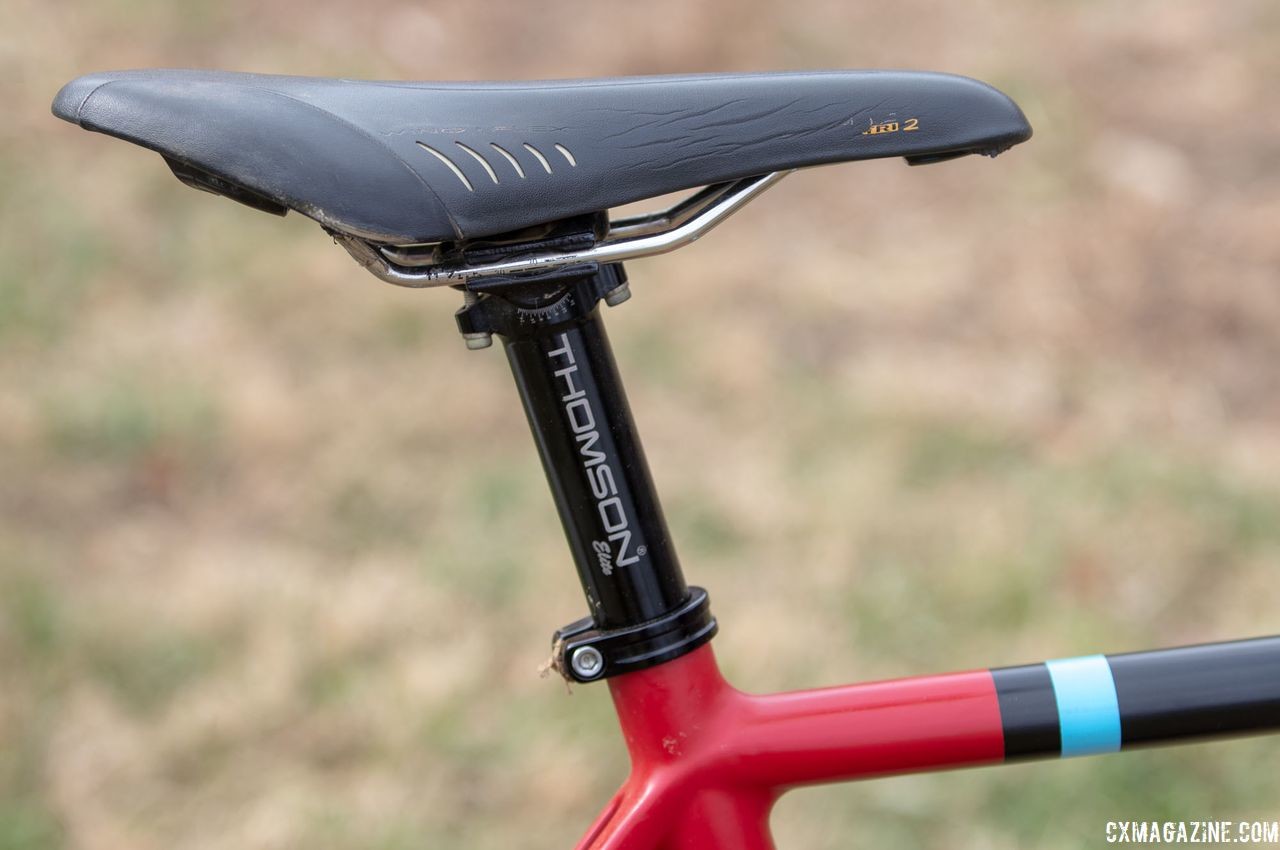 McKeithan ran a Thomson Elite alloy seatpost attached to a now-discontinued Fizik Arione Tri 2 saddle. Paul McKeithan's Masters 75-79 title-winning Grava Maple Sally cyclocross bike. 2018 Cyclocross National Championships, Louisville, KY. © A. Yee / Cyclocross Magazine