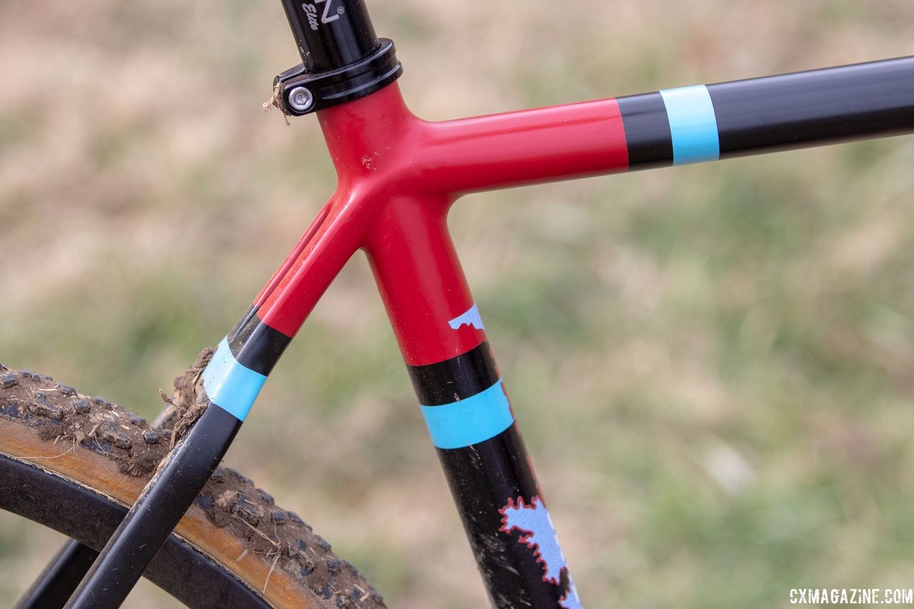McKeithan's Maple Sally has a colorful blue, red and black paint scheme. Paul McKeithan's Masters 75-79 title-winning Grava Maple Sally cyclocross bike. 2018 Cyclocross National Championships, Louisville, KY. © A. Yee / Cyclocross Magazine