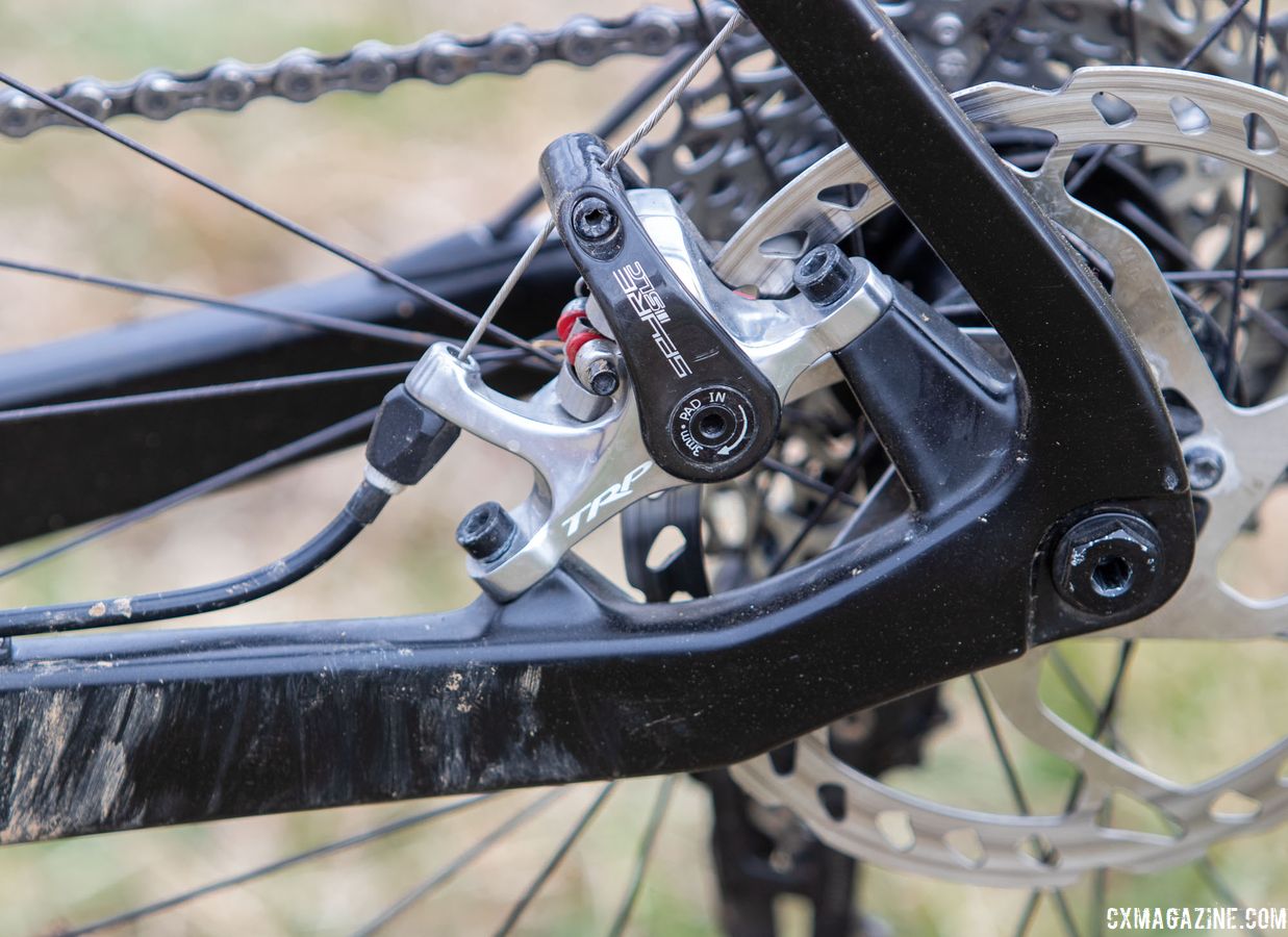 McKeithan opted for TRP Spyre mechanical disc brakes. Paul McKeithan's Masters 75-79 title-winning Grava Maple Sally cyclocross bike. 2018 Cyclocross National Championships, Louisville, KY. © A. Yee / Cyclocross Magazine