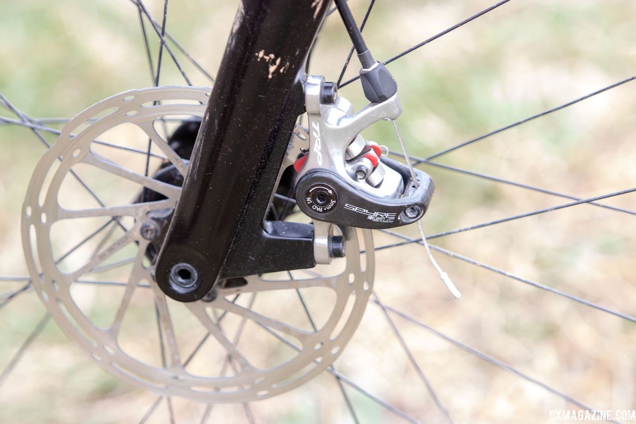 McKeithan ran TRP Spyre post mount mechanical disc brakes. He used a SRAM Centerline rotor in the front. Paul McKeithan's Masters 75-79 title-winning Grava Maple Sally cyclocross bike. 2018 Cyclocross National Championships, Louisville, KY. © A. Yee / Cyclocross Magazine