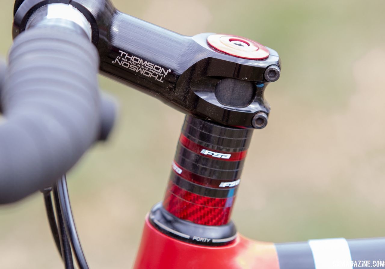 McKeithan ran a Thomson Elite X2 stem, Cane Creek Forty headset and some spacers to make the setup comfy. Paul McKeithan's Masters 75-79 title-winning Grava Maple Sally cyclocross bike. 2018 Cyclocross National Championships, Louisville, KY. © A. Yee / Cyclocross Magazine