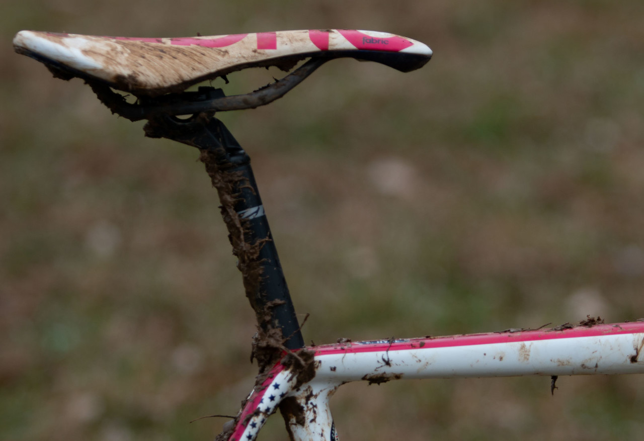 Hyde's saddle is held by a Zipp Service Course SL (20) 20mm offset carbon seatpost. Stephen Hyde's title-winning Cannondale. 2018 Cyclocross National Championships V2. Louisville, KY. © Cyclocross Magazine