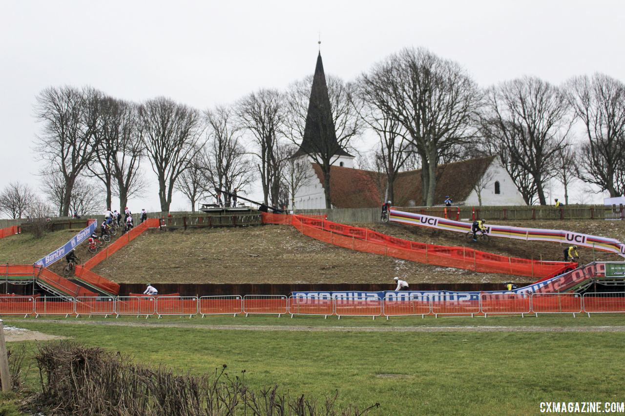 A descent into a flyover and then a flyover to a hill is not something we see everyday. 2019 Bogense World Championships Course Preview. © Z. Schuster / Cyclocross Magazine