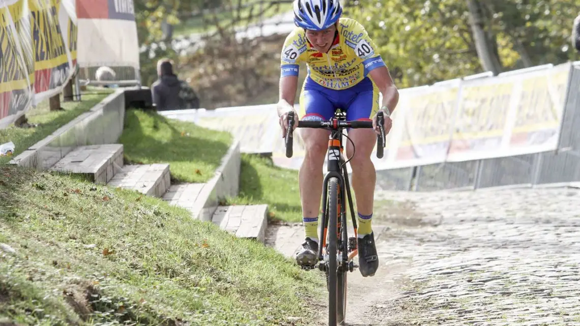 Kim Van De Steene attacked in Lap 2 and held the gap. 2018 Superprestige Niels Albert CX, Boom. © B. Hazen / Cyclocross Magazine